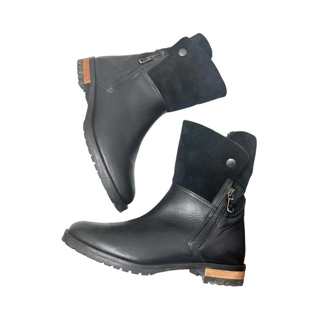 Fabianelli Black Leather Suede Shearling Lined Moto‎ Boots Women Size 8